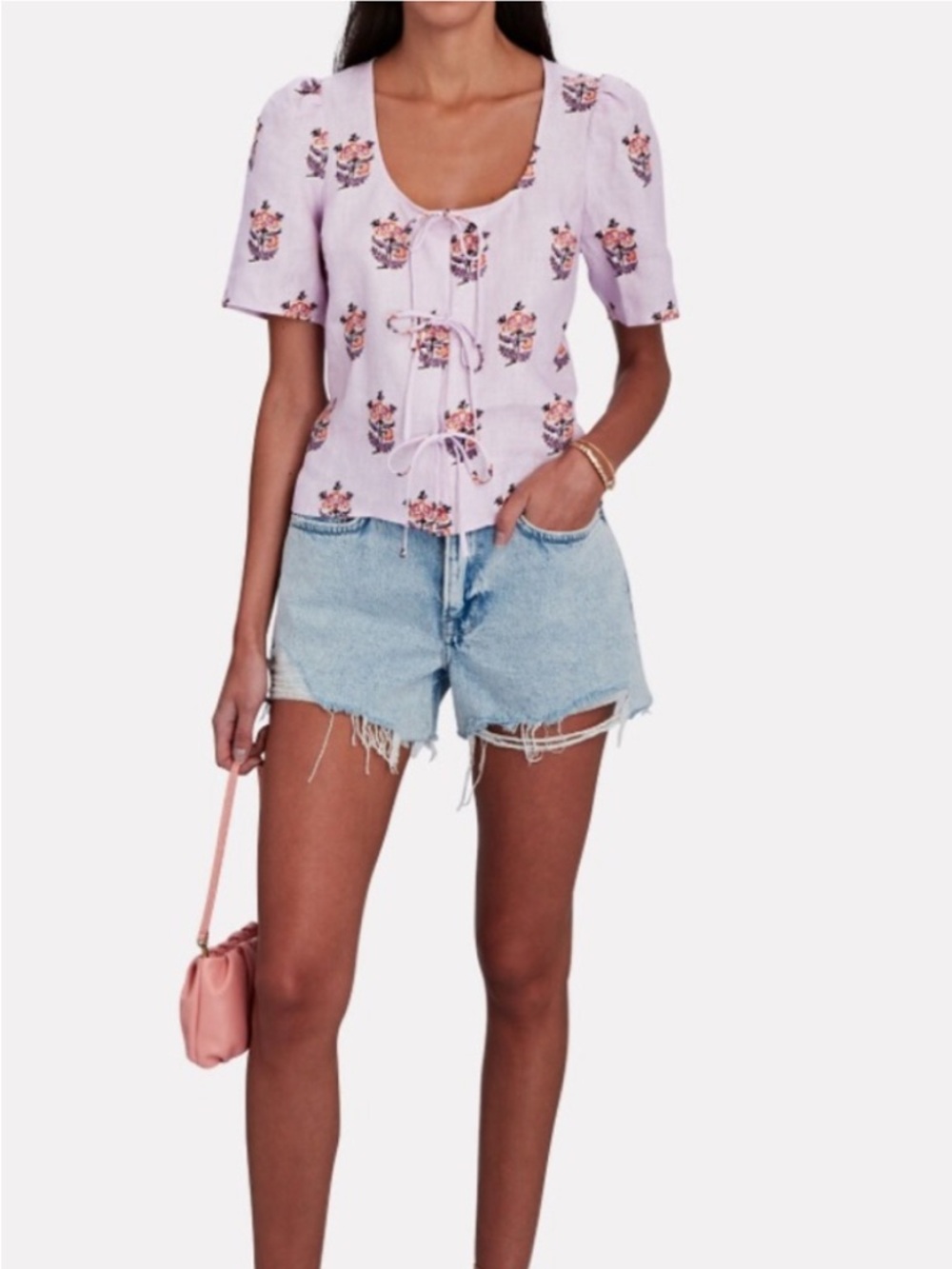 RHODE Lavender Floral Tie-Front Puff Sleeve Top